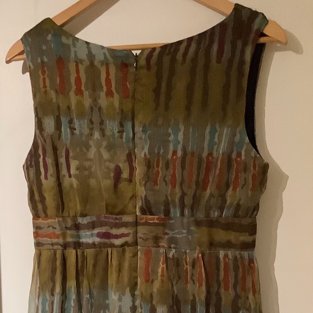 CLEO dress, size 8…olive green with strokes beige, terra cotta and brown